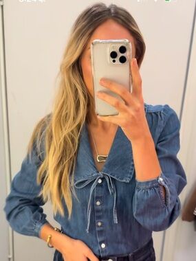 VIRAL // Denim Peter Pan Collar, Tie-Front Button-Up Blouse